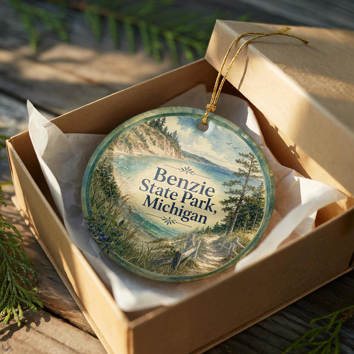 A round ornament in a box, featuring a scenic landscape with a lake and mountains, is displayed on a wooden surface.