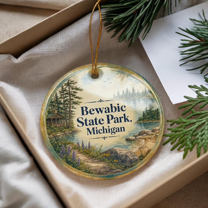 A round ornament with a scenic landscape of Bewabic State Park, Michigan, featuring a lake, pine trees, and a cabin.