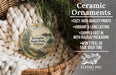 Ceramic ornaments, specifically Bewabic State Park Michigan ornaments, are displayed in a basket with pine branches. The text highlights the ornaments as "cozy, high-quality prints, vibrant and long lasting, shipped fast in with holiday packaging, won't peel or fade over time".
