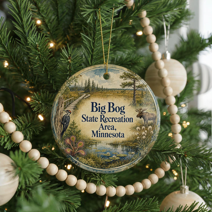 A round ornament hanging on a Christmas tree, featuring a scenic landscape with a moose, pine trees, and a path leading to a lake.