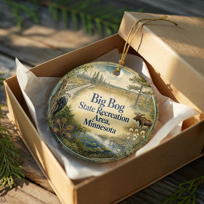 A decorative ornament in a wooden box, featuring a scenic landscape with a moose and pine trees, along with the text "Big Bog State Recreation Area, Minnesota".