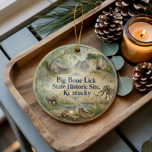 A wooden tray with a decorative ornament featuring an illustration of Big Bone Lick State Historic Site, Kentucky, and a candle on a table.