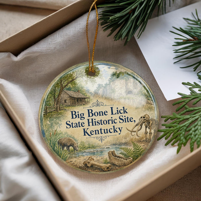A decorative ornament with a painting of a historical site, specifically the Big Bone Lick State Historic Site in Kentucky, hanging from a string.