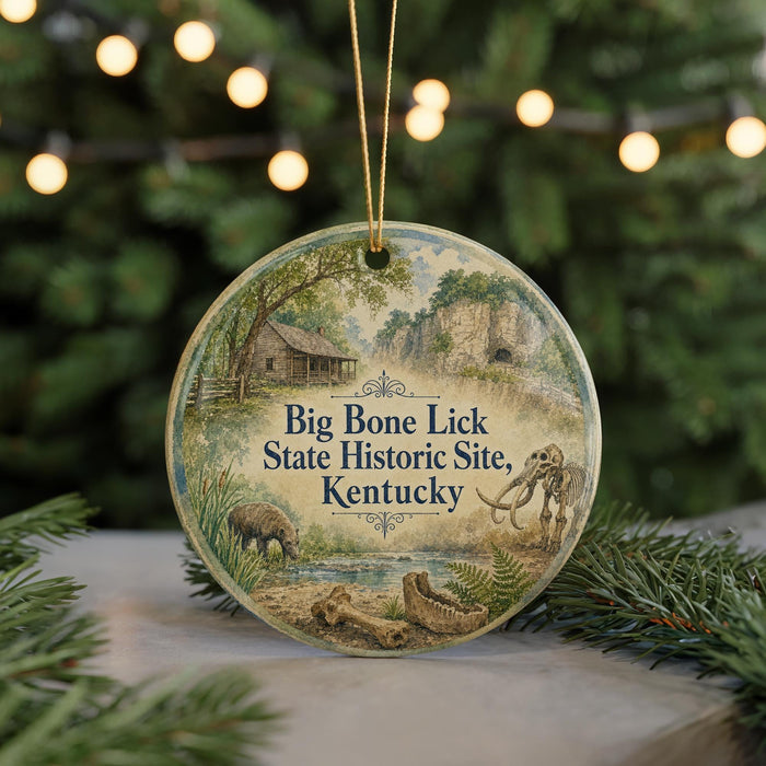 A round ornament with a painting of a historic site, featuring a barn, trees, and a large elephant, hanging from a string.