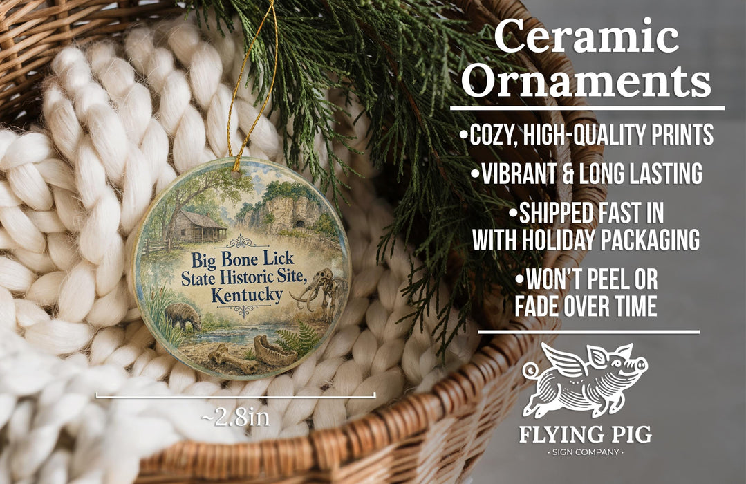 Ceramic ornaments, featuring a round ornament with a picture of a pig and the text "Big Bone Lick State Historic Site, Kentucky" and a description of the ornament's features.