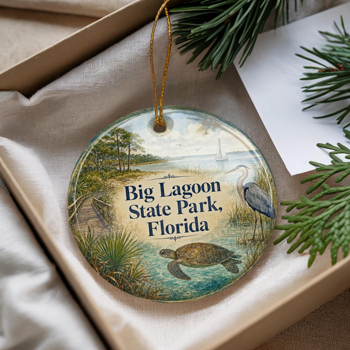 A decorative ornament in a box, featuring an illustration of Big Lagoon State Park in Florida, with a bird and a turtle in the water.