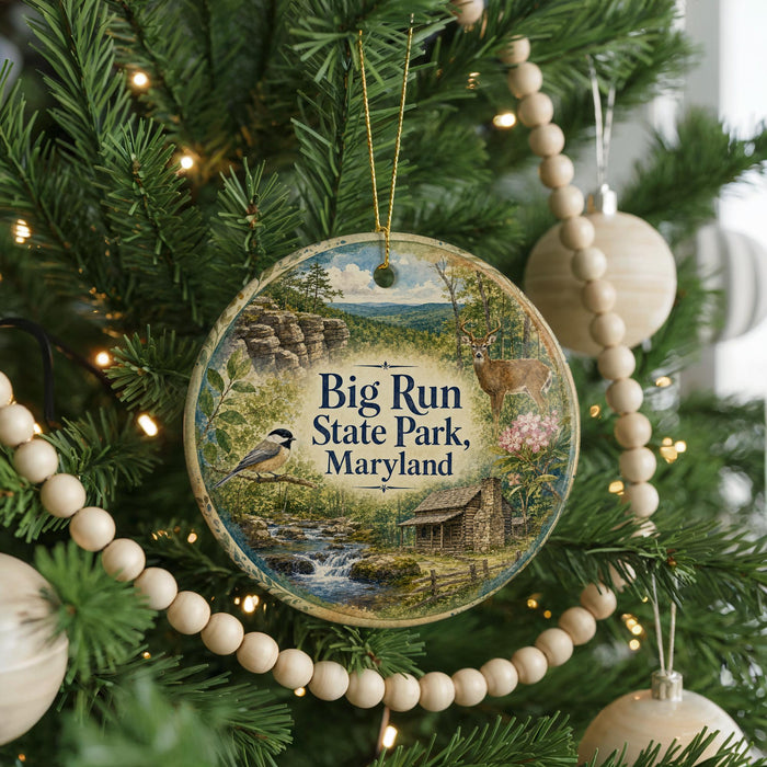 A round ornament hanging on a Christmas tree, featuring a scenic image of Big Run State Park, Maryland.
