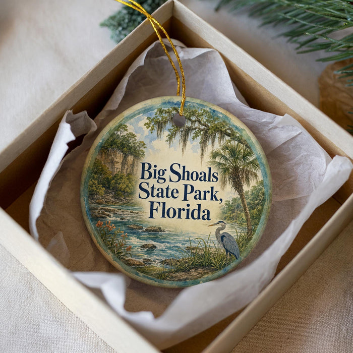 A circular ornament in a box, featuring a scenic landscape with a river, palm trees, and a bird, along with the text "Big Shoals State Park, Florida".