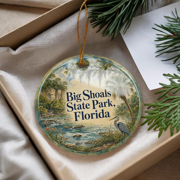 A decorative ornament with a scenic landscape of Big Shoals State Park, Florida, featuring a bird and palm trees.