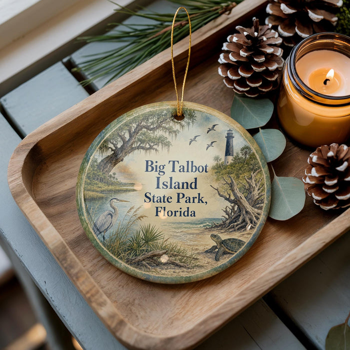 A wooden tray with a decorative ornament featuring a scenic image of Big Talbot Island, Florida, surrounded by pine cones and a lit candle.