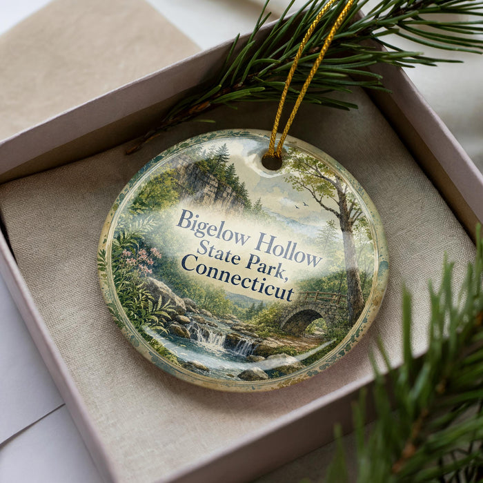 A decorative ornament in a box, featuring a scenic landscape with a waterfall and forest.