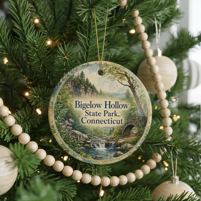 A round ornament hanging on a Christmas tree, featuring a scenic landscape with a waterfall and a bridge.