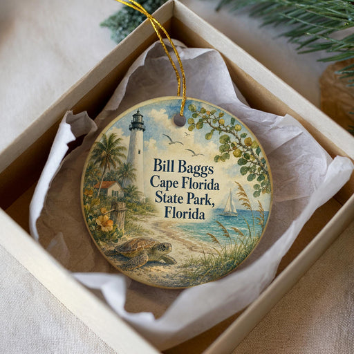 A decorative ornament in a box, featuring a lighthouse, palm trees, and a turtle, with the text "Bill Baggs Cape Florida State Park, Florida" printed on it.