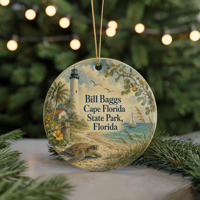 A round ornament featuring a lighthouse, palm trees, and a turtle, with the text "Bill Baggs Cape Florida State Park, Florida" displayed on it.