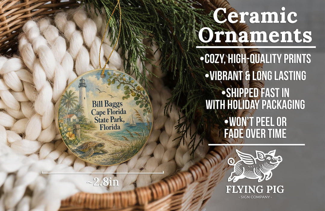 Ceramic ornaments, featuring a lighthouse and beach scene, are displayed in a woven basket.
