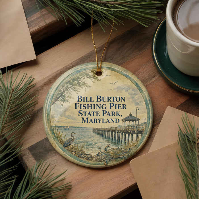 A round ornament with a painting of a pier and a bird, surrounded by pine branches and a cup of coffee on a wooden surface.