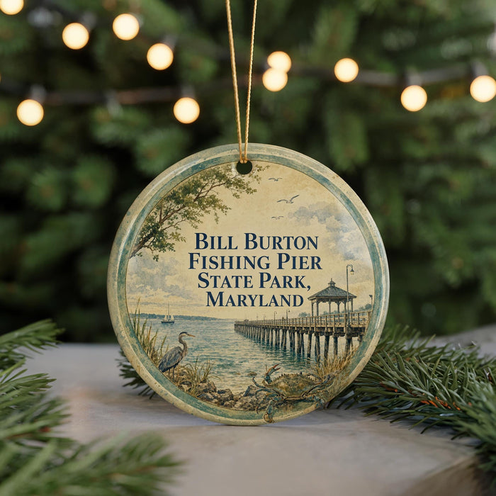 A round ornament with a scenic image of a pier and a bird, along with the text "Bill Burton Fishing Pier State Park, Maryland".
