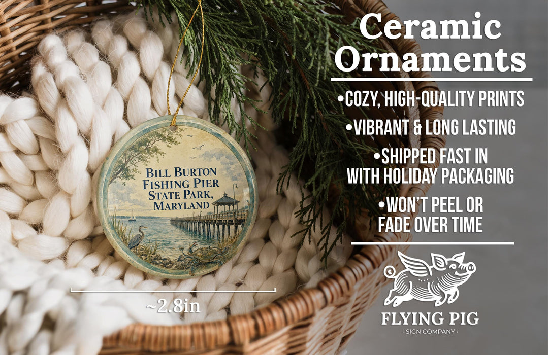 Ceramic ornaments, featuring a round ornament with a fishing pier scene and text, hanging from a wicker basket.
