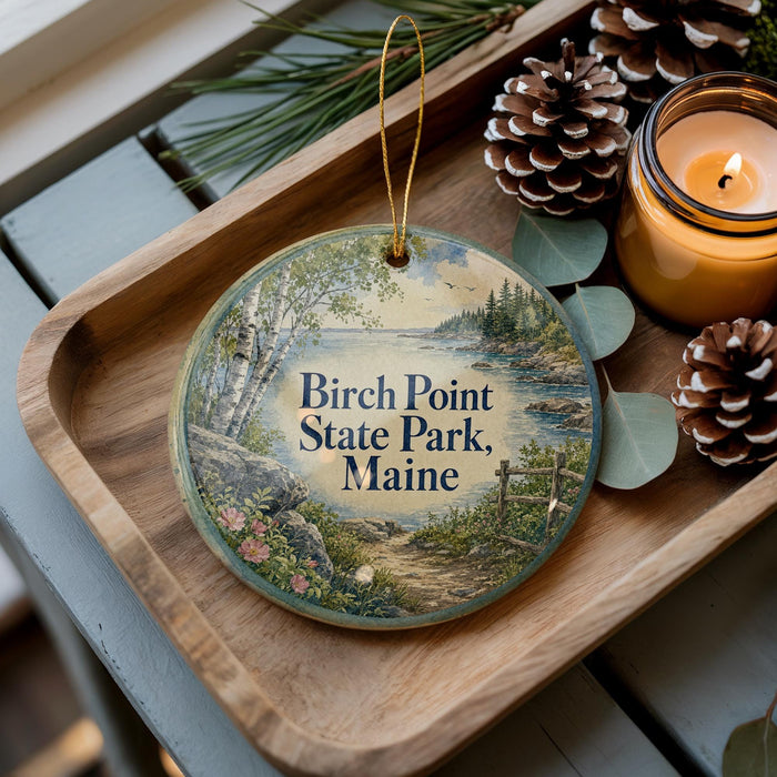 A wooden tray with a decorative ornament featuring a scenic landscape of Birch Point State Park, Maine, and pine cones.