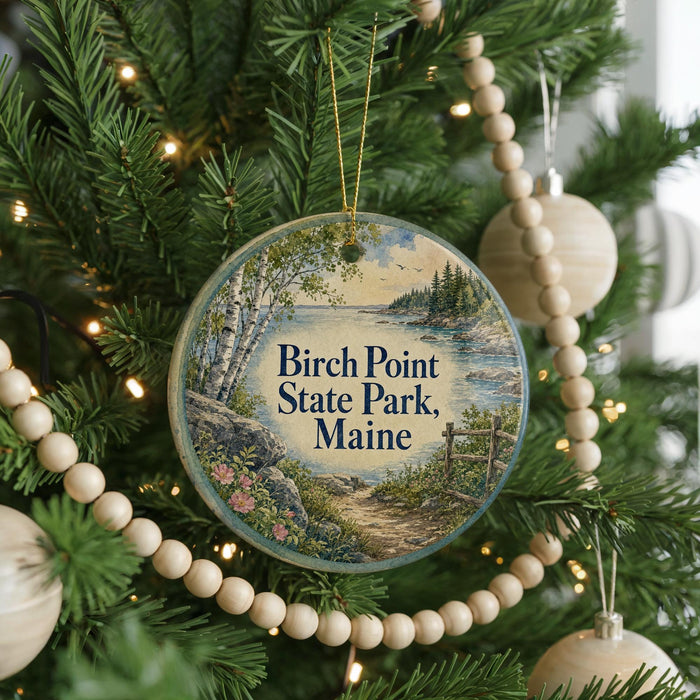 A round ornament hanging on a Christmas tree, featuring a scenic landscape with a path leading to a lake, surrounded by pine trees and a clear sky.