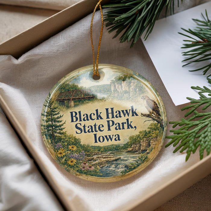 A decorative ornament with a scenic image of Black Hawk State Park, Iowa, hanging from a string.