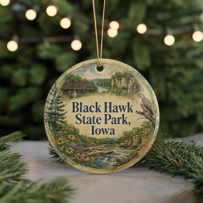 A circular ornament with a scenic landscape of Black Hawk State Park, Iowa, featuring a bird perched on a tree branch.