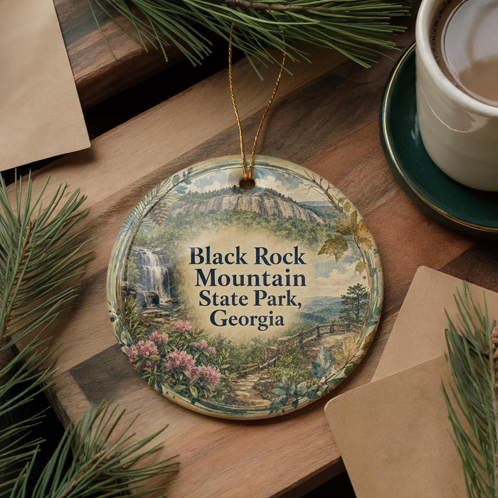 A decorative ornament featuring a scenic image of Black Rock Mountain State Park, Georgia, with pine branches and a cup of coffee nearby.
