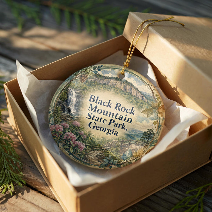 A decorative ornament in a box, featuring a scenic landscape with mountains, waterfalls, and greenery.