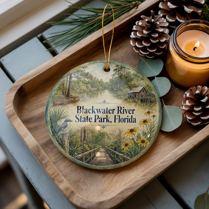 A decorative ornament featuring a scenic view of the Blackwater River State Park in Florida, with a bird perched on a palm tree and a wooden bridge in the background.