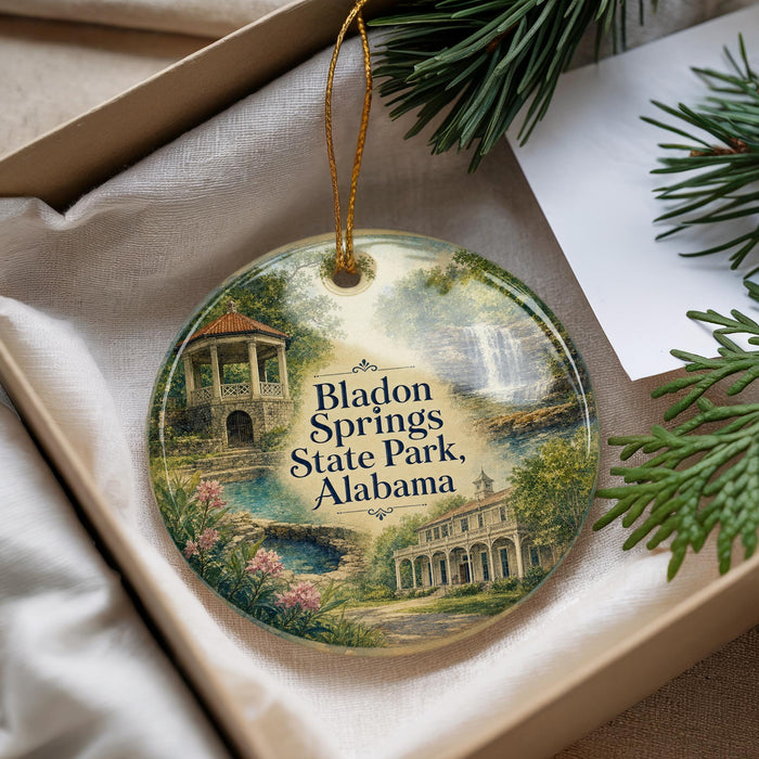 A decorative ornament with a scenic image of Bladen Springs State Park, Alabama, hanging from a string.