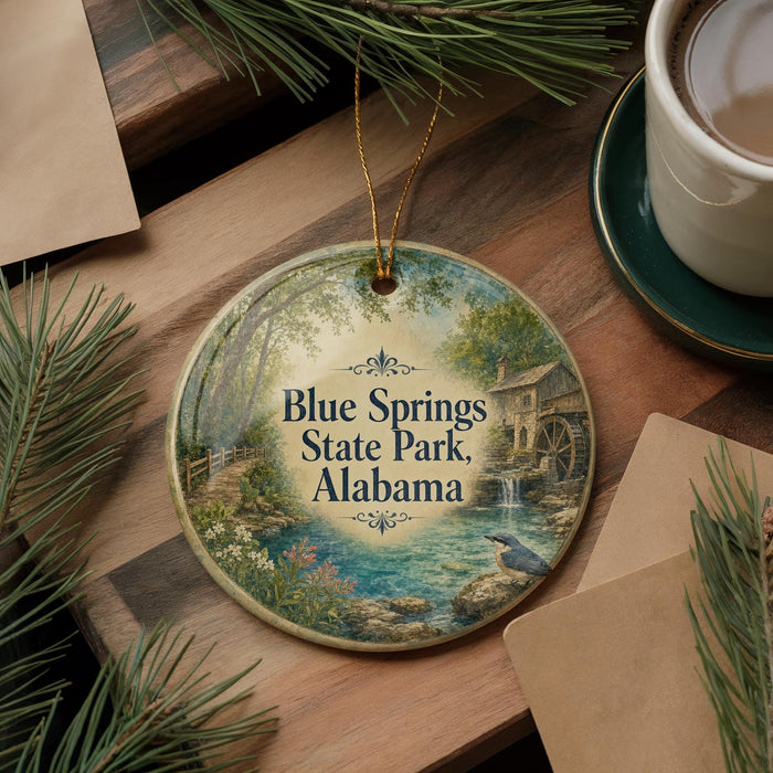 A decorative ornament featuring a scenic image of Blue Springs State Park in Alabama, with a bird perched on a rock in the foreground.