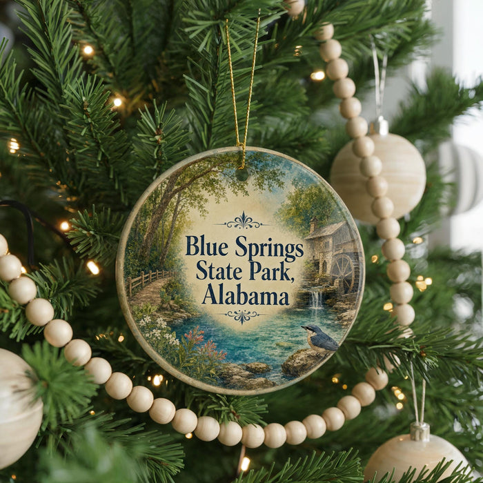 A round ornament hanging on a Christmas tree, featuring a scenic image of Blue Springs State Park in Alabama.