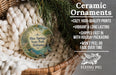 a ceramic ornament hanging from a wicker basket, with a text overlay providing information about the ornament.