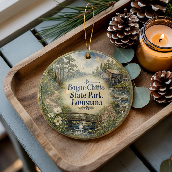 A wooden tray with a decorative ornament featuring a scenic landscape of Bogue Chitto State Park, Louisiana, along with pine cones and a lit candle.