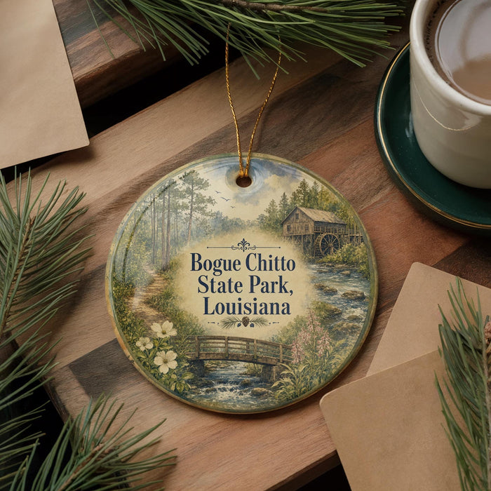A round ornament with a painting of a scenic landscape hangs on a wooden surface, surrounded by pine branches and a cup of coffee.