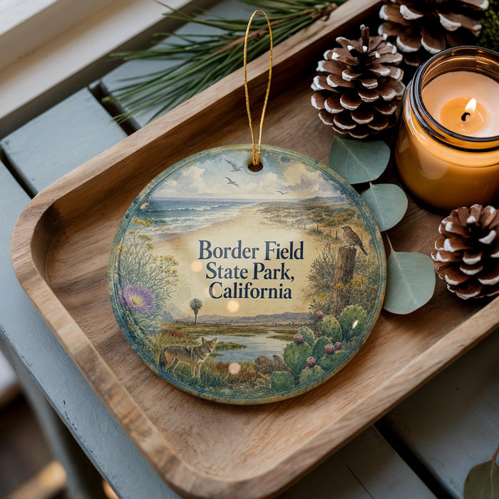 A decorative ornament with a scenic landscape of Border Field State Park, California, featuring a bird, pine cones, and a candle on a wooden tray.