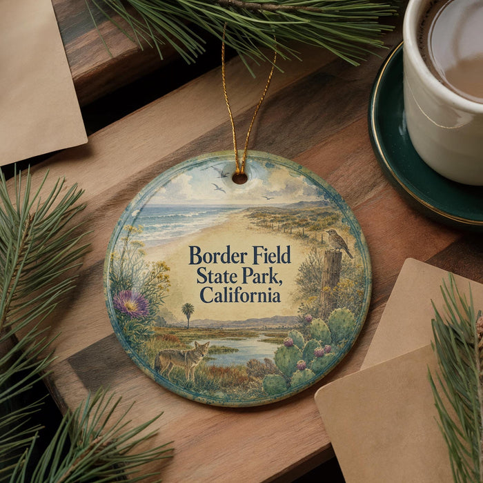 A round ornament with a scenic landscape of Border Field State Park, California, featuring a bird, a deer, and a body of water.