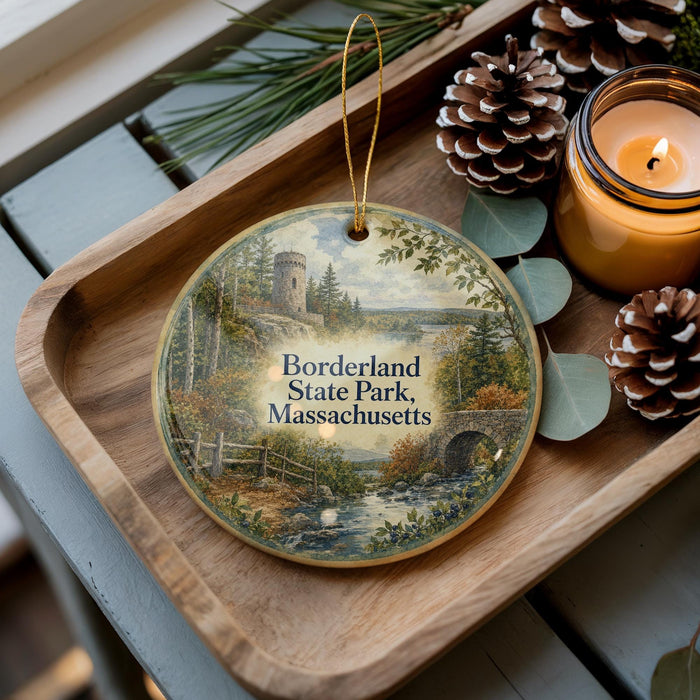 A wooden tray with a decorative ornament featuring a scenic landscape of Borderland State Park, Massachusetts, along with pine cones and a lit candle.