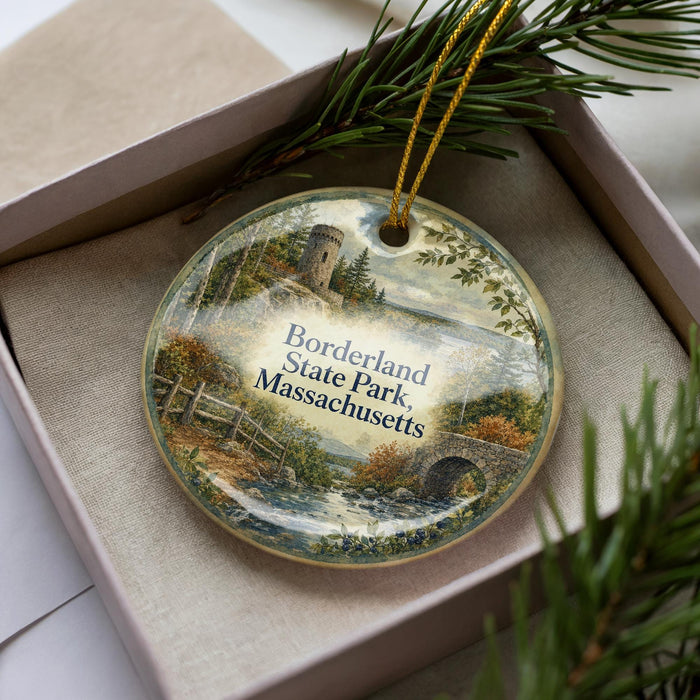 A decorative ornament in a box, featuring a scenic landscape with a castle, trees, and a river.
