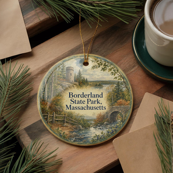 A decorative ornament featuring a scenic landscape of Borderland State Park in Massachusetts, with a castle and a river in the background.