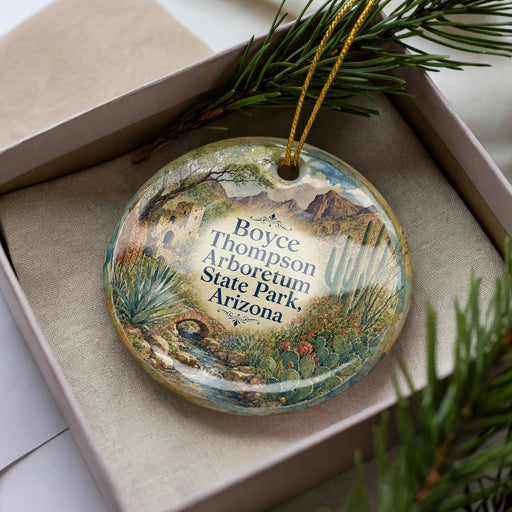 A decorative ornament with a desert landscape scene, featuring a cactus, mountains, and a small stream, is displayed in a box.