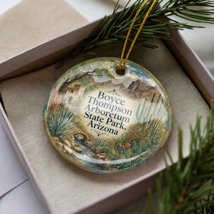 A decorative ornament with a desert landscape scene, featuring a cactus, mountains, and a small stream, is displayed in a box.