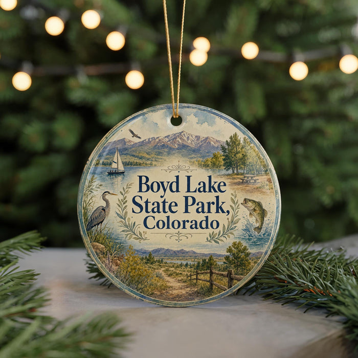 A round ornament with a scenic landscape of Boyd Lake State Park, Colorado, featuring a boat, a bird, and a fish.