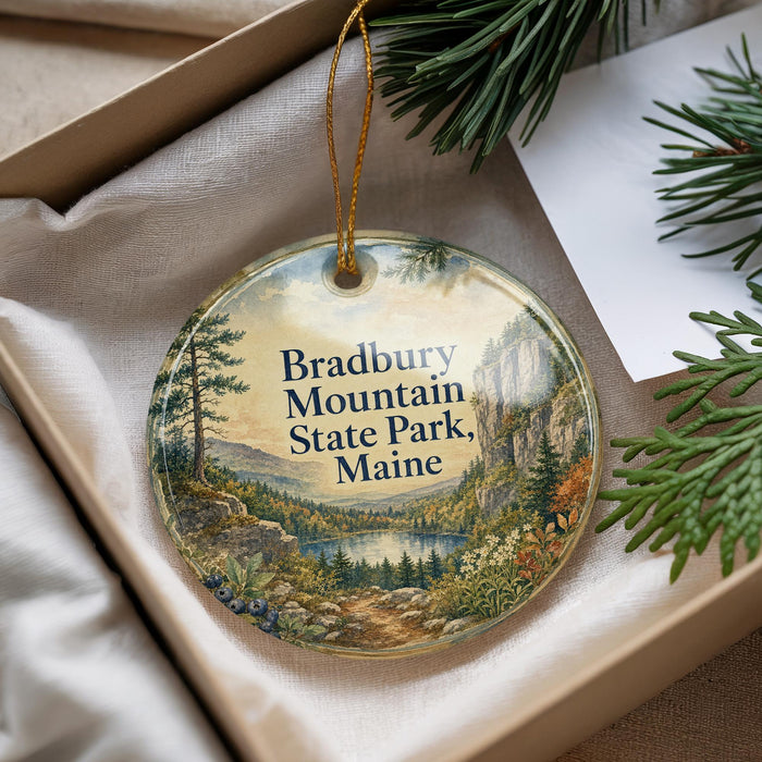 A round ornament with a scenic mountain landscape and text, placed in a box with pine branches.