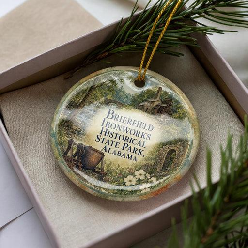 A decorative ornament with a printed design of a historical site, placed in a box with pine branches.