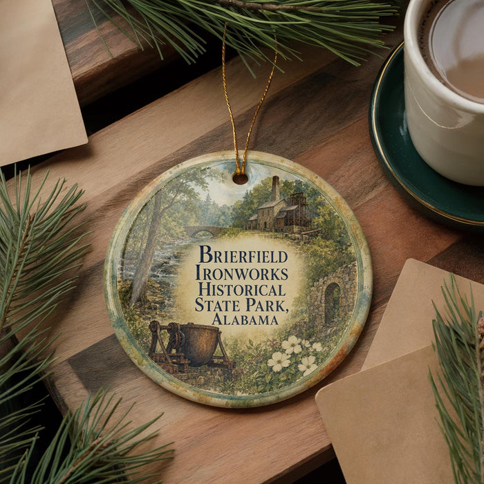 A circular ornament with a painting of ironworks and historical buildings, hanging on a wooden surface.