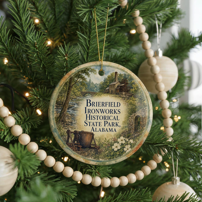 A round ornament hanging on a Christmas tree, featuring a scenic image of Brierfield Ironworks Historical State Park, Alabama.