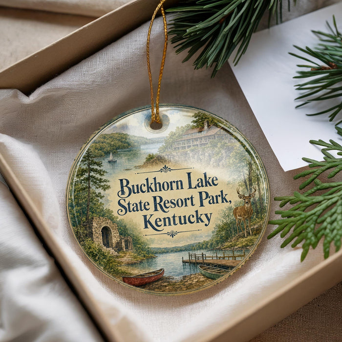A decorative ornament with a scenic image of Buckhorn Lake State Resort Park, Kentucky, hanging from a string.