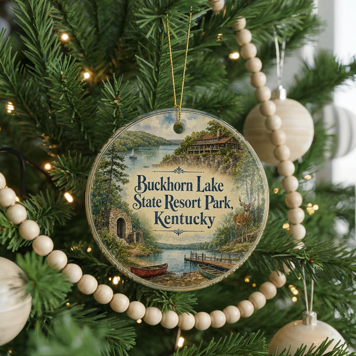 A round ornament hanging on a Christmas tree, featuring a scenic image of Buckhorn Lake State Resort Park, Kentucky.
