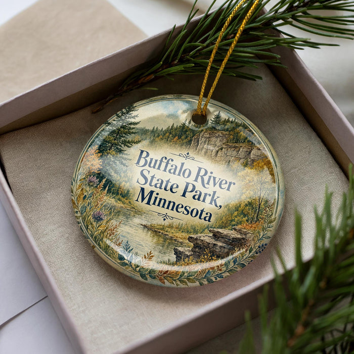 A decorative ornament in a box, featuring a scenic landscape with a river, mountains, and pine trees.